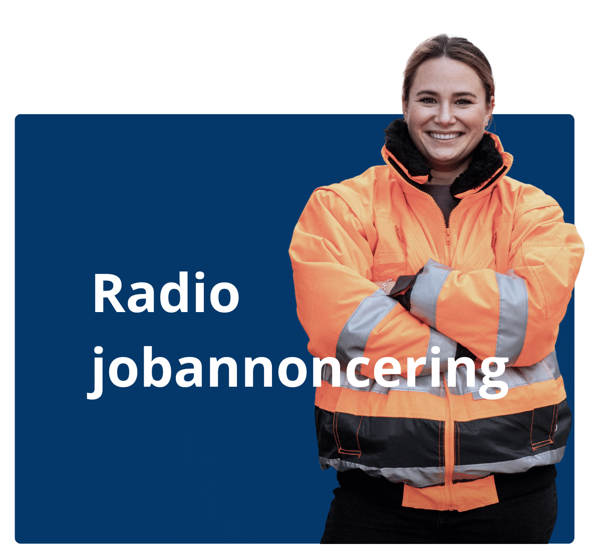 En kvinde i håndværkerbranchen fritskåret. Henover står med hvis tekst Radio annoncering.